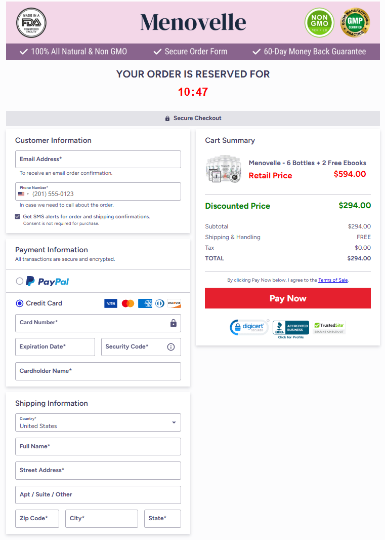 Menovelle order page